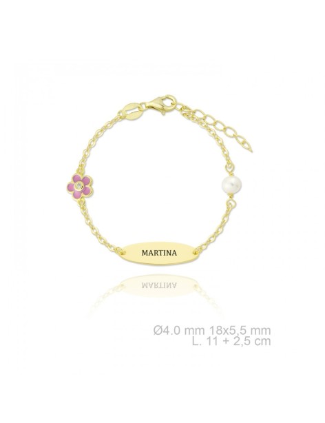 PULSERA IDENTIDAD BEBÉ FLOR Y PERLA EN PLATA
