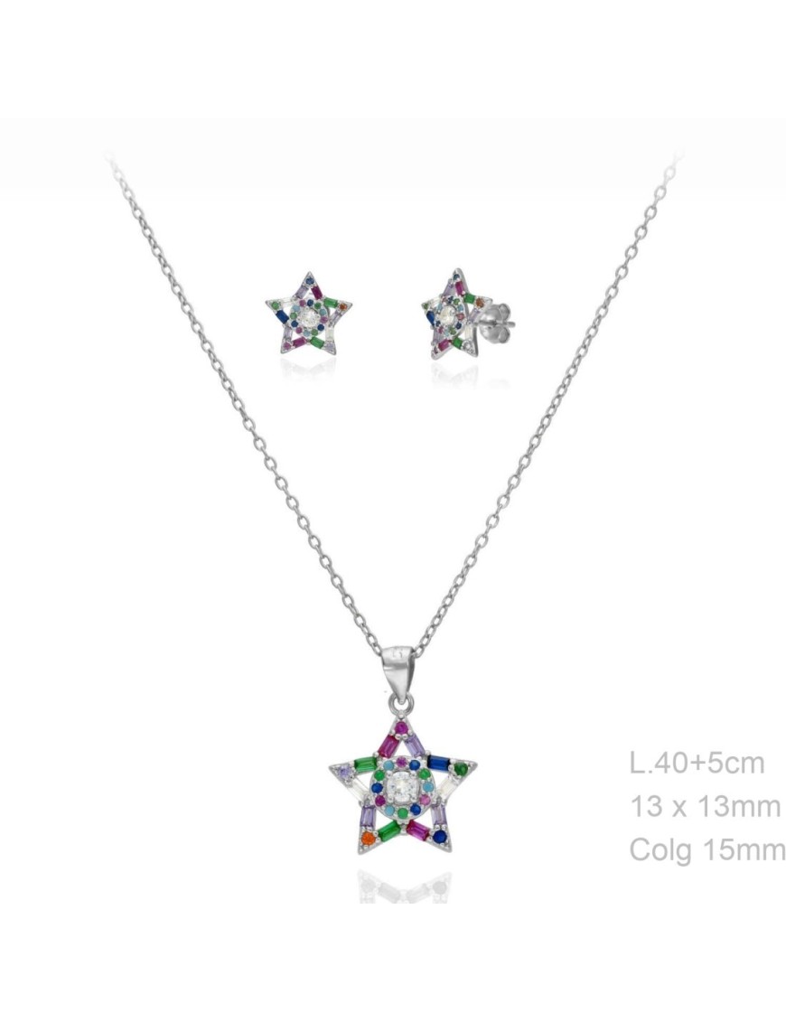 Conjunto Estrellas en Plata y Circonitas de colores