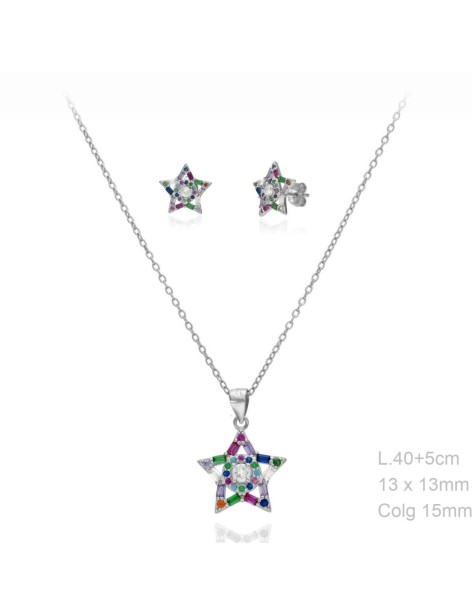 Conjunto Estrellas en Plata y Circonitas de colores