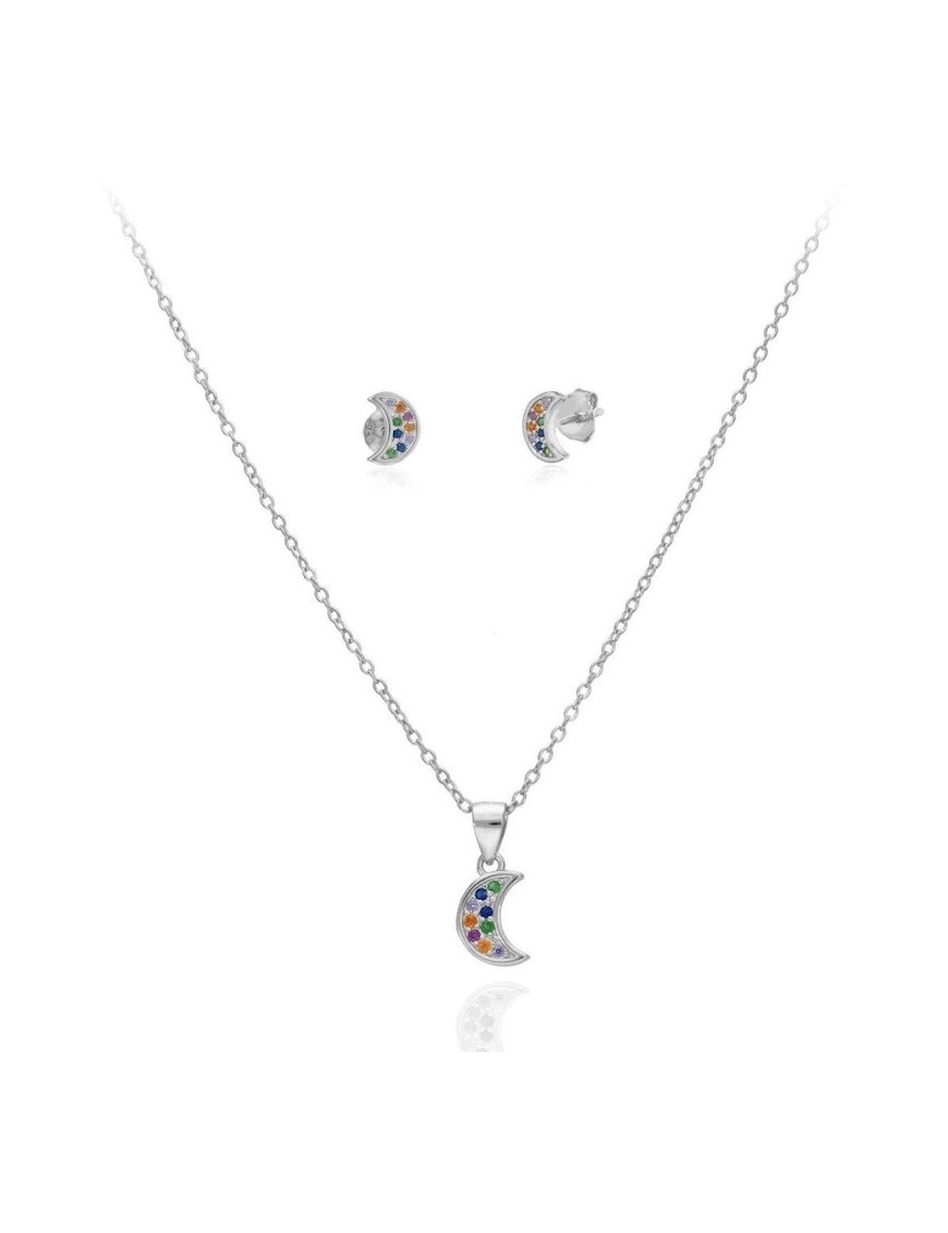 Conjunto Luna en Plata y Circonitas de colores