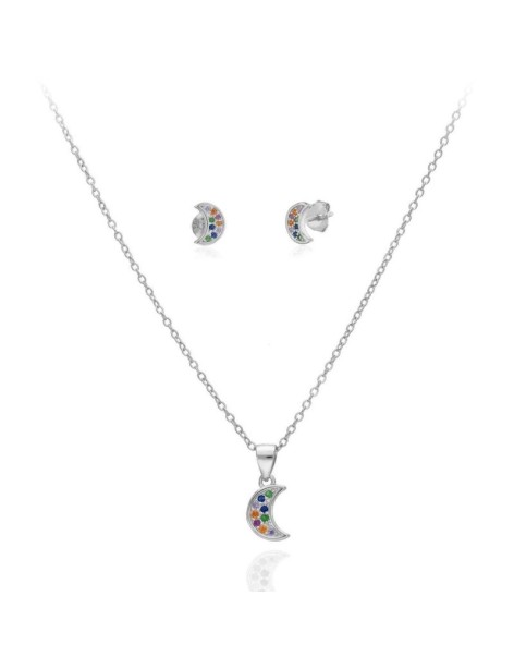 Conjunto Luna en Plata y Circonitas de colores