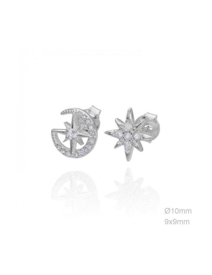 PENDIENTES ESTRELLA POLAR Y LUNA EN PLATA Y CIRCONITAS