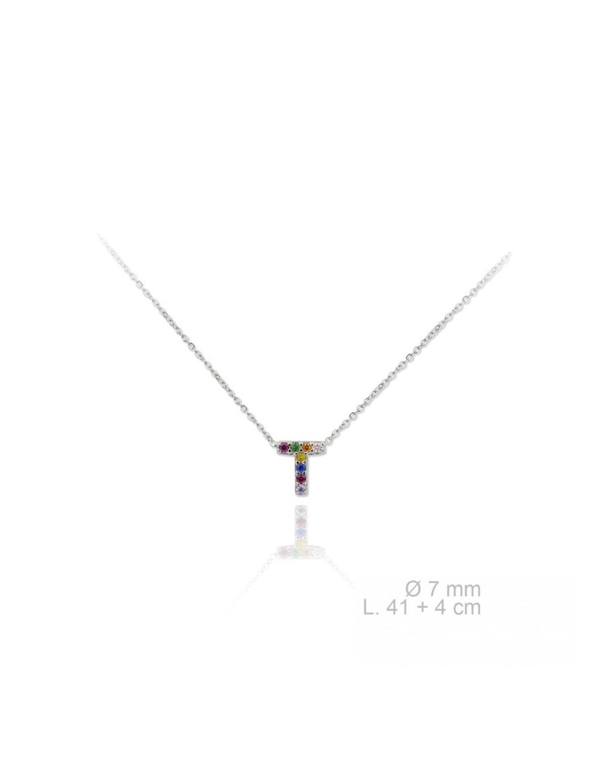 GARGANTILLA INICIAL T EN PLATA DE LEY Y CIRCONITAS DE COLORES